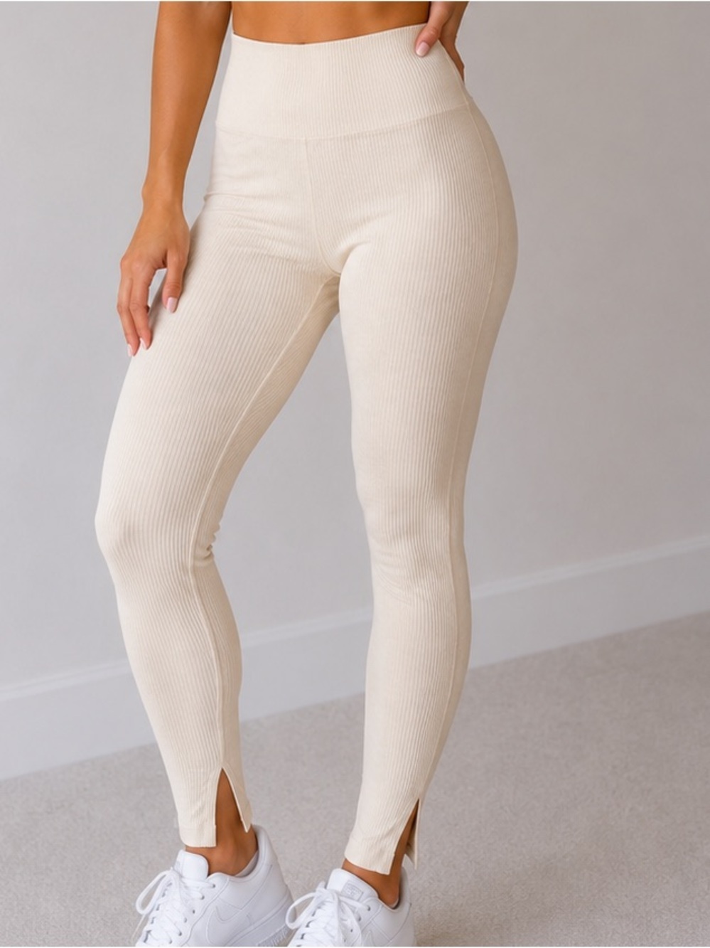 NWT High-Rise Cream Ribbed Leggings Workout Gym Yoga Pilates, Small